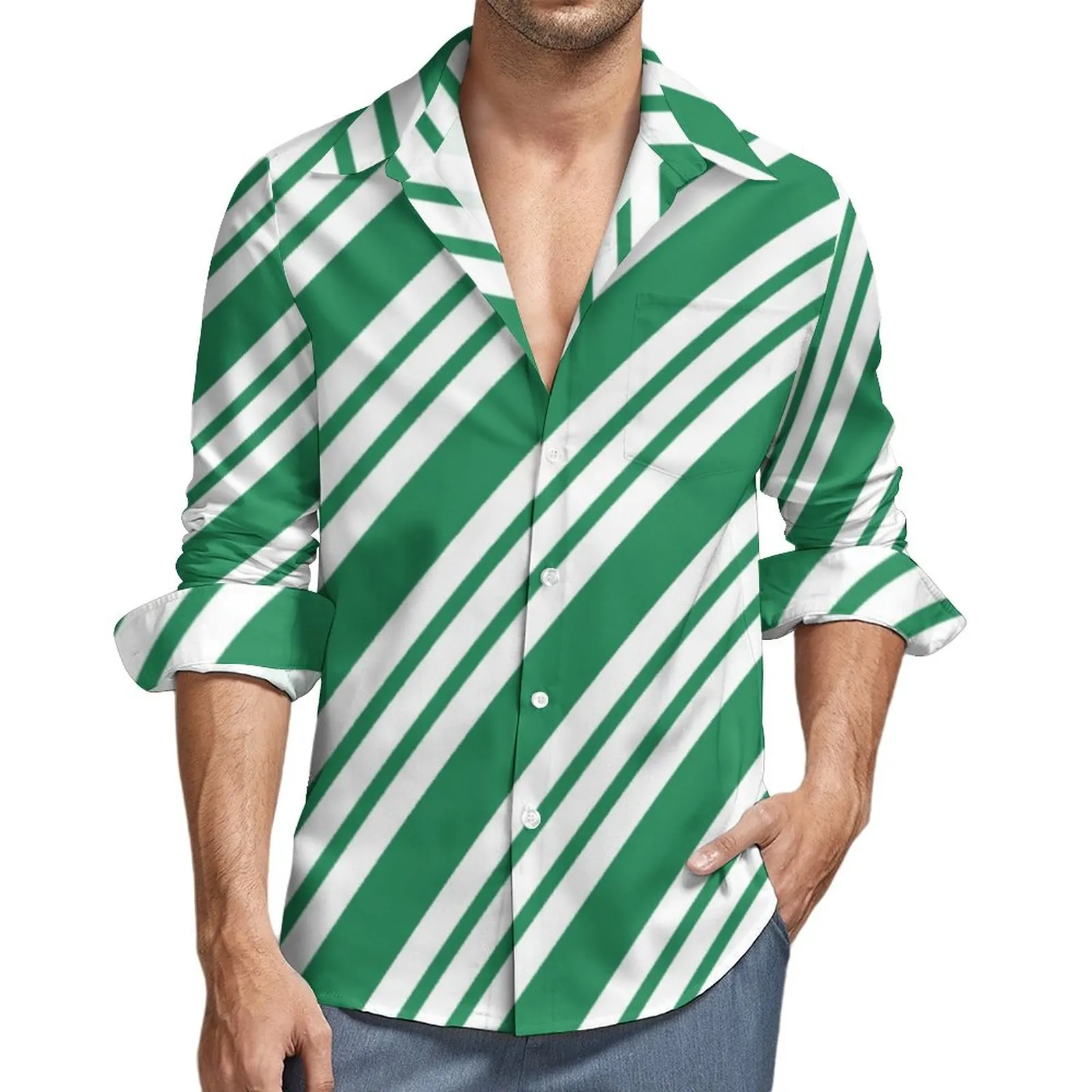 Green Christmas Party Holiday Candy Cane Men's Casual Long Sleeve Button Down Pocket Shirt Green-S