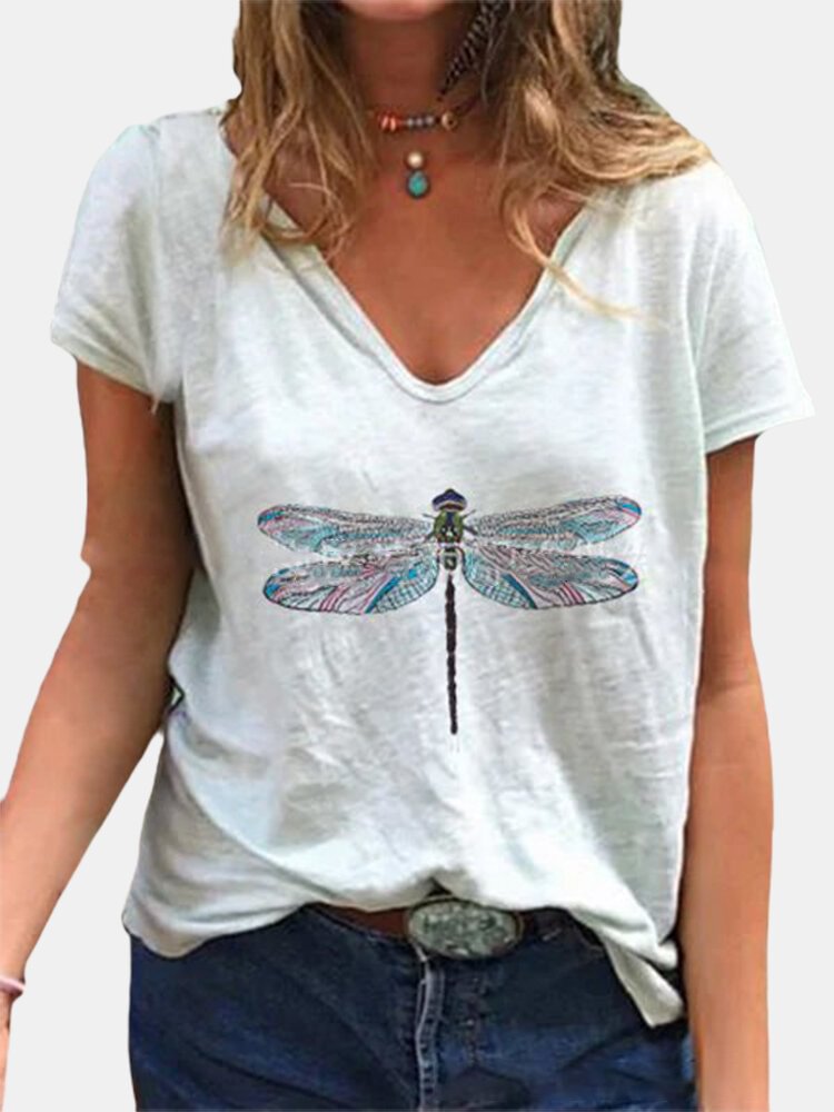 Dragonfly Printed Short Sleeve V neck T shirt For Women P1709632