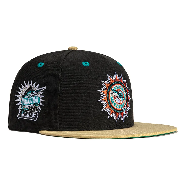 Exclusive New Era 59Fifty Big Easy Miami Marlins 2003 Inaugural Patch Alternate Hat- Black, Tan QueenFunky