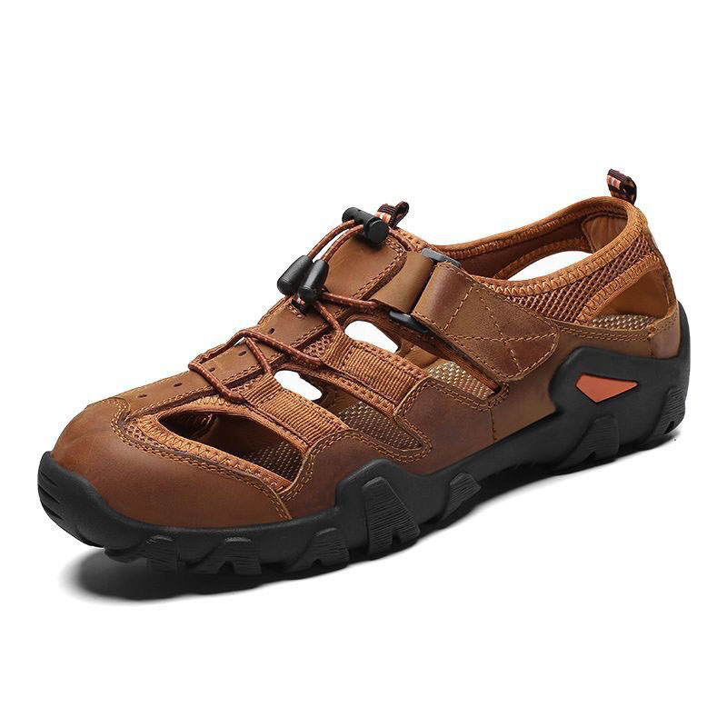 thesupersurf Brown Leather Mesh Hiking Sandals for Men - Breathable Outdoor Adventure Shoes with Rubber Sole and Adjustable Straps