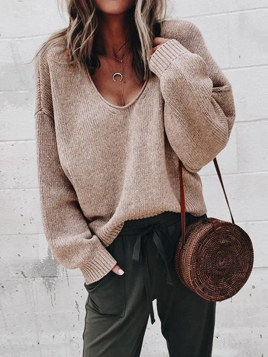 Loose Fitted V-Neck Solid Color Long Sleeves Sweater