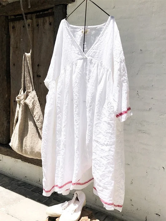 Linen Casual Solid Color V-neck Dress