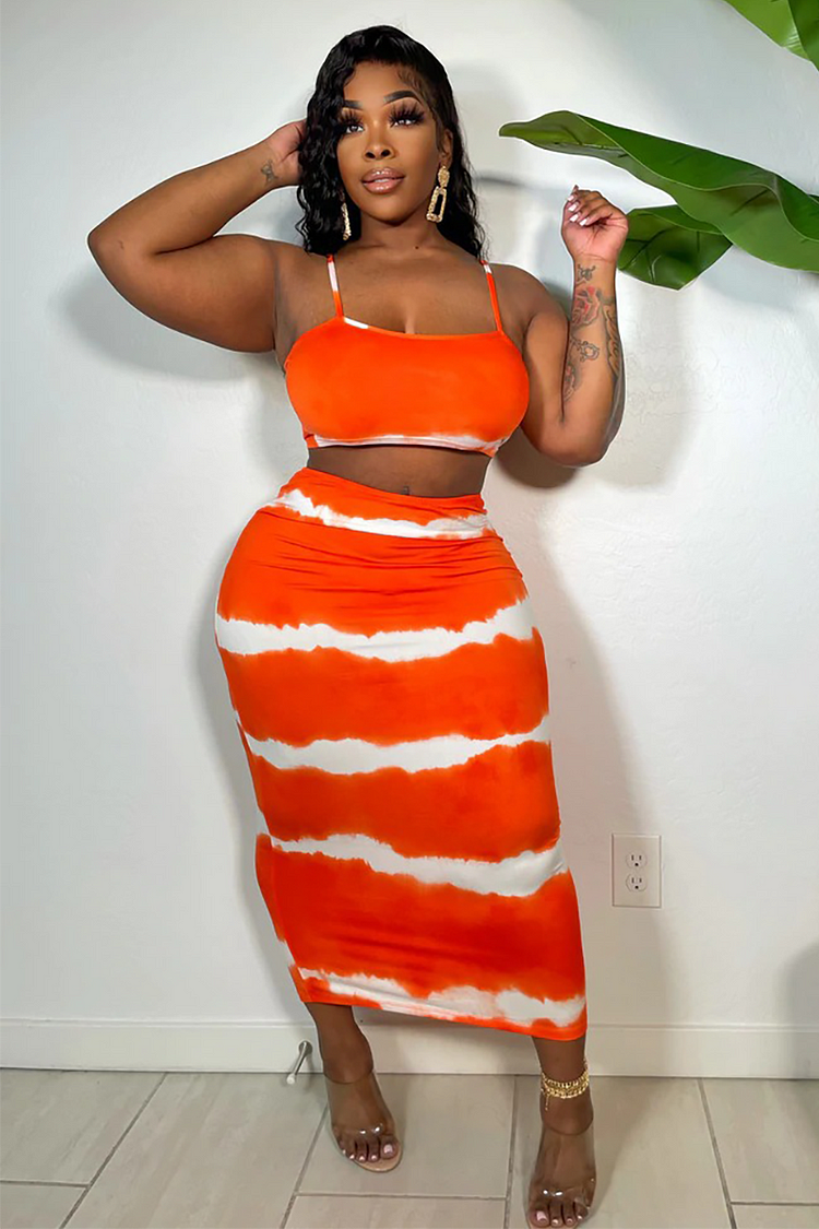 Crop Cami Tie Dye Pattern Bodycon Midi Skirt Matching Set-Orange