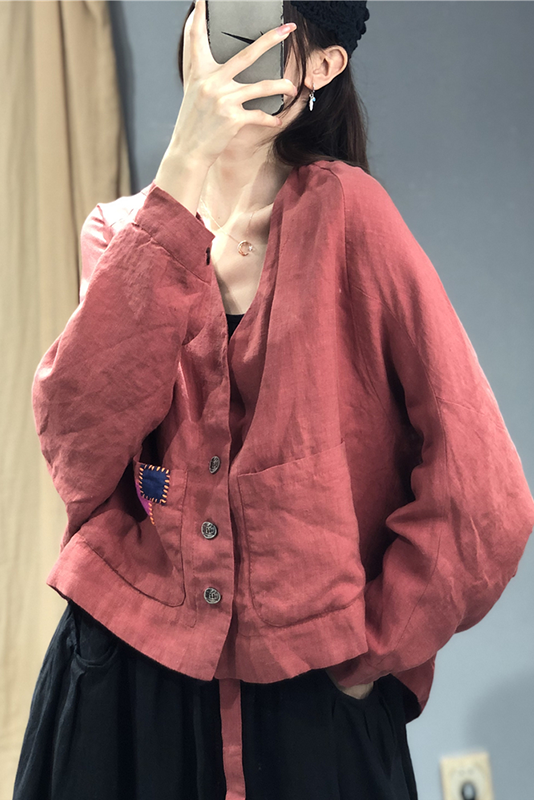 Plus Size-Fall Linen Loose Doll Sleeve Cropped Jacket Vintage Patch Cardigan