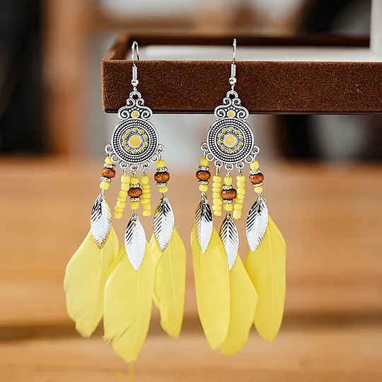 Feather Earrings Round Oil Dripping Craft Earrings Retro Ethnic Holiday Style Your Tixi Yiwu Daisy Jewelry