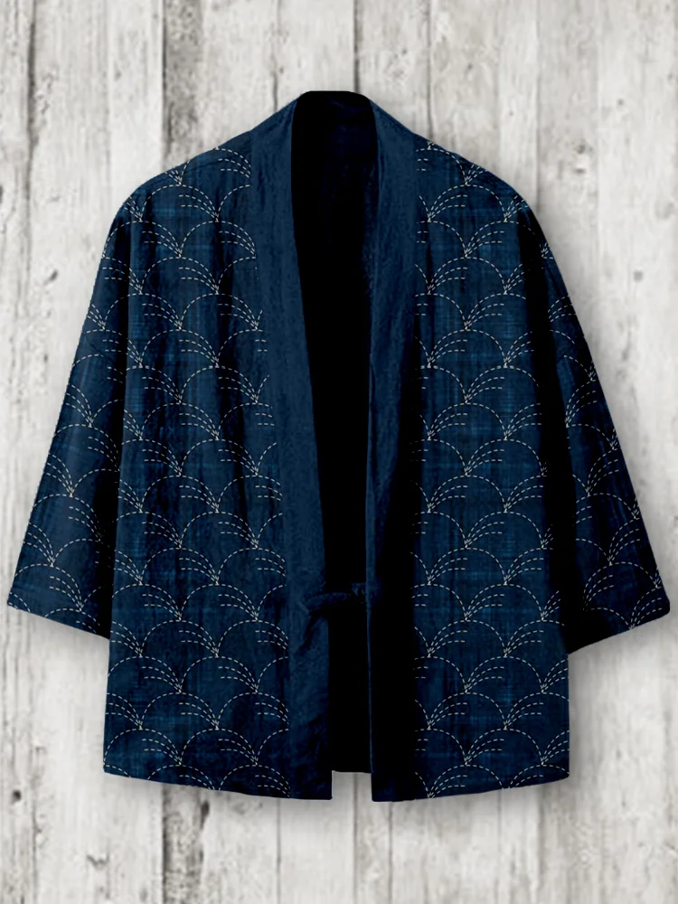 Comstylish Traditional Japanese Sashiko Art Linen Blend Kimono Cardigan