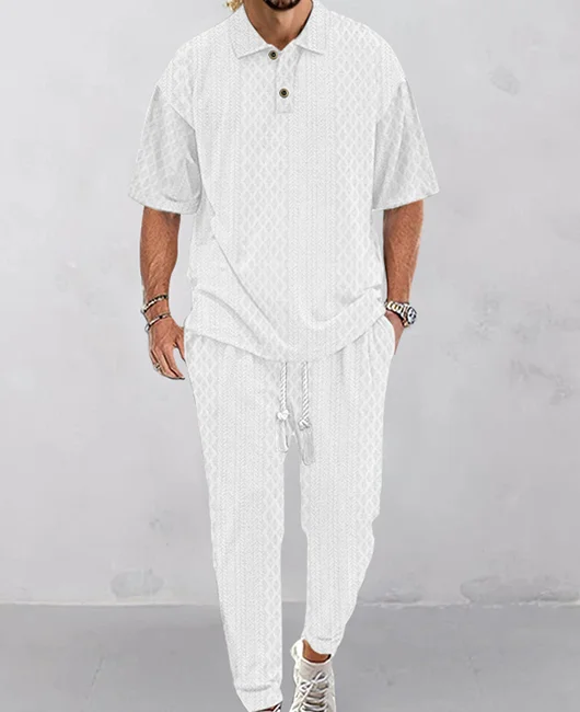 Casual Textured Polo Shirt & Drawstring Pants 2Pcs Set Okaywear