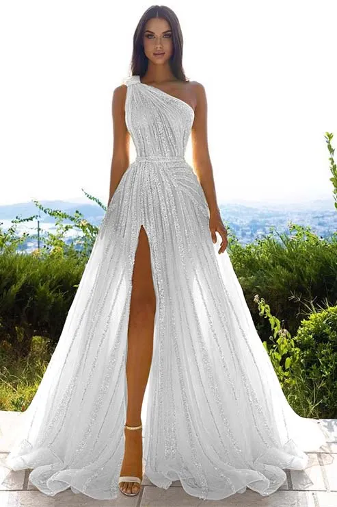 Daisda Sequins One Shoulder Prom Dress Daffodil With Front Slit