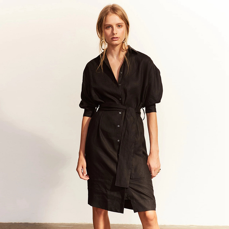 Black Linen Shirt Dress-ChouChouHome