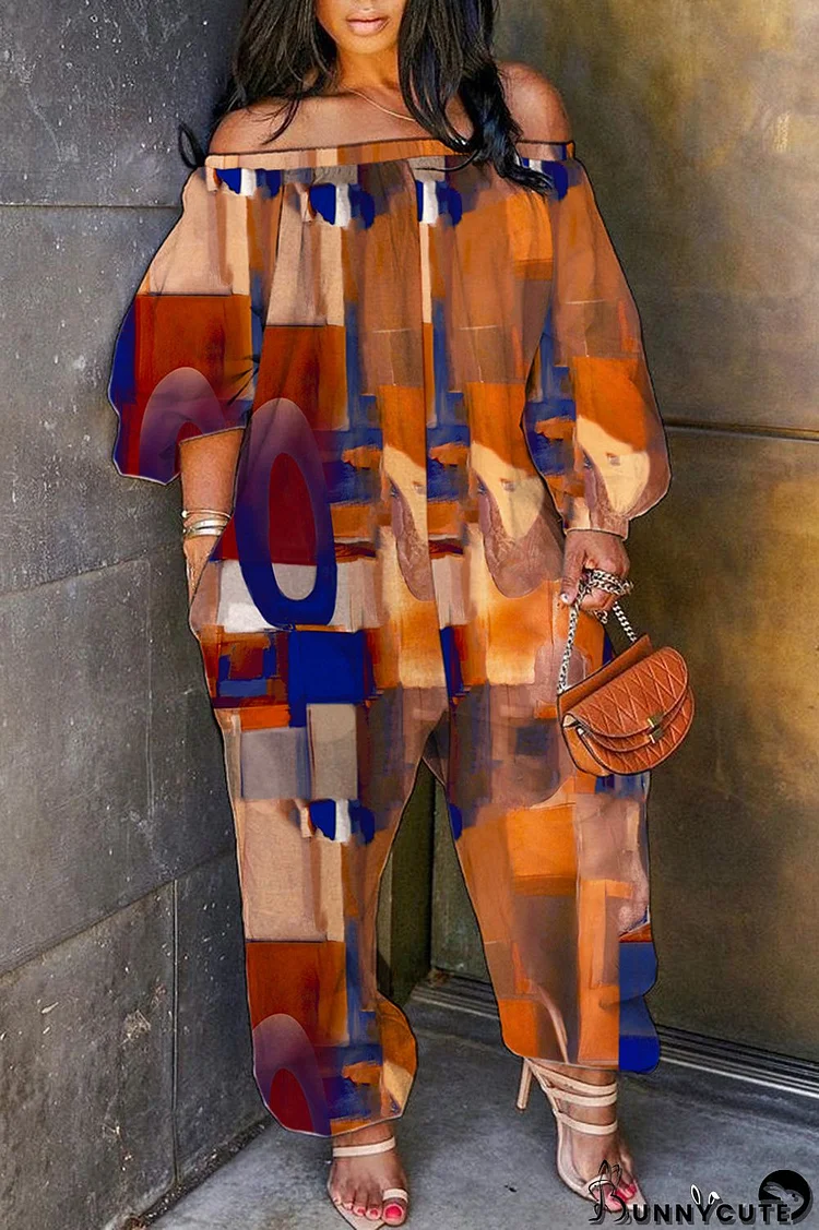 Brown Casual Print Patchwork Off the Shoulder Regular Jumpsuits