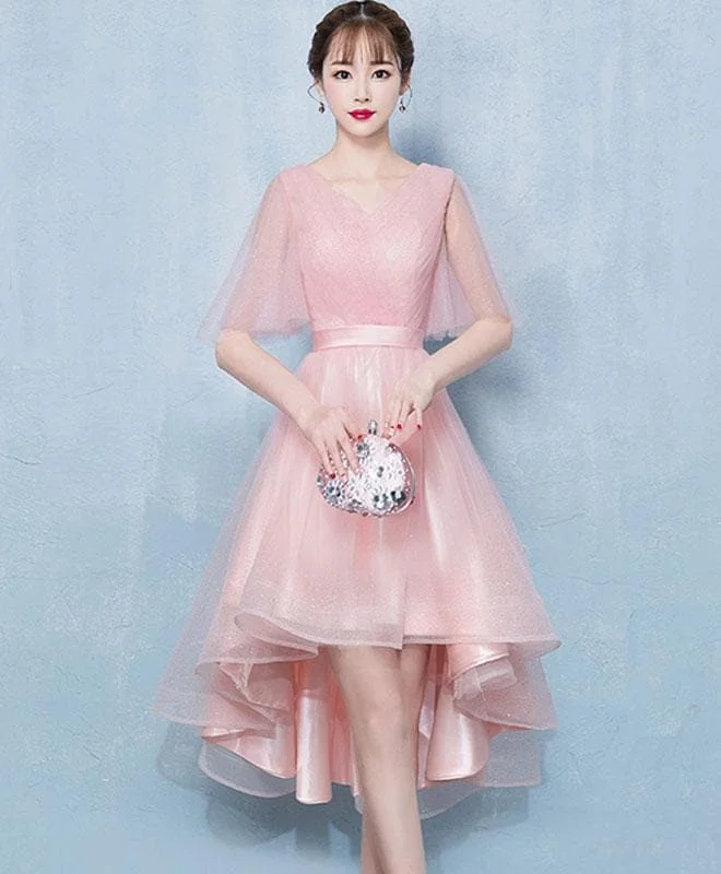 Simple Pink Tulle Short Prom Dress, Pink Bridesmaid Dress
