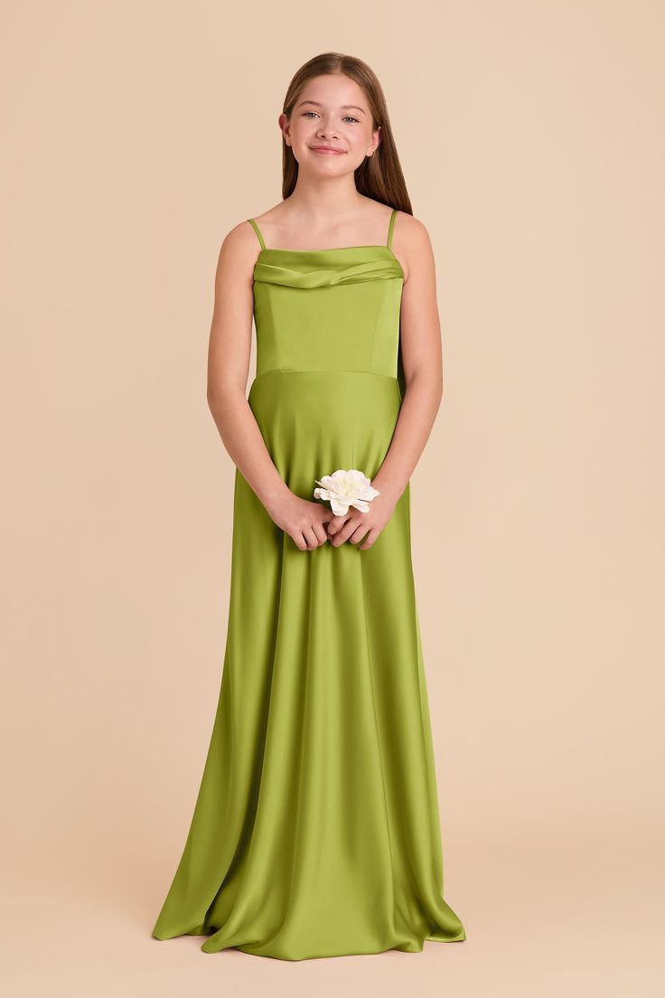 Satin Square Neck Spaghetti Straps Sleeveless Long A-Line Junior Bridesmaid Dress With Pleated | JB020 Wellcucu
