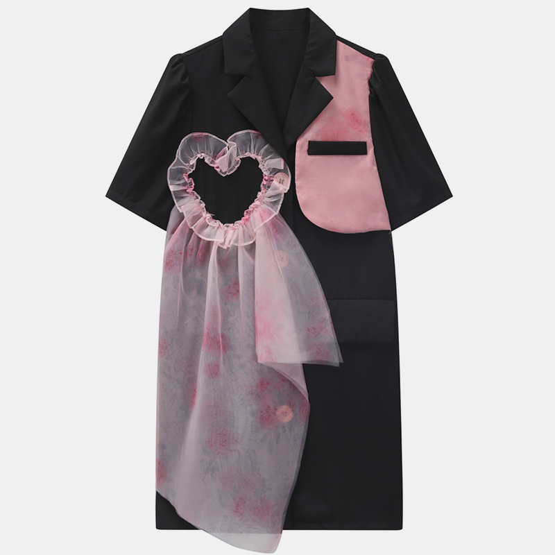 Vintage Lapel Love Heart Pattern Tulle Decor Dress