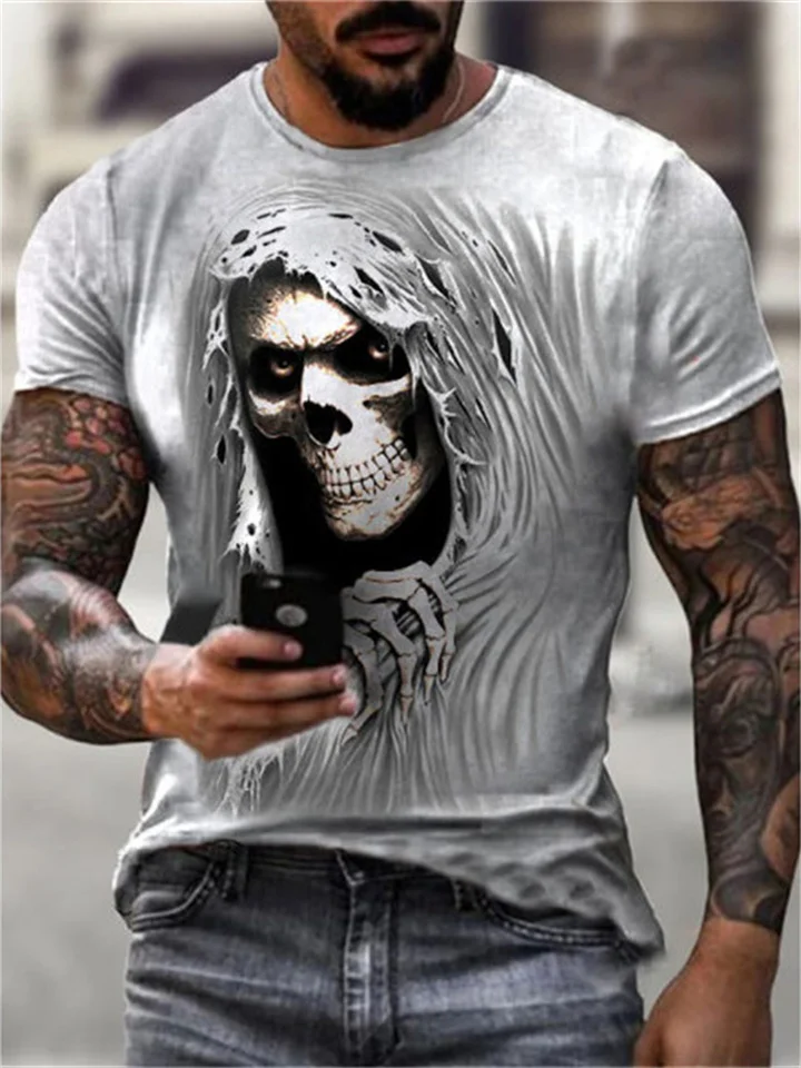 Trendy Fashion Men's Short-sleeved Round Neck T-shirt 3D Devil Skull Print Loose Top