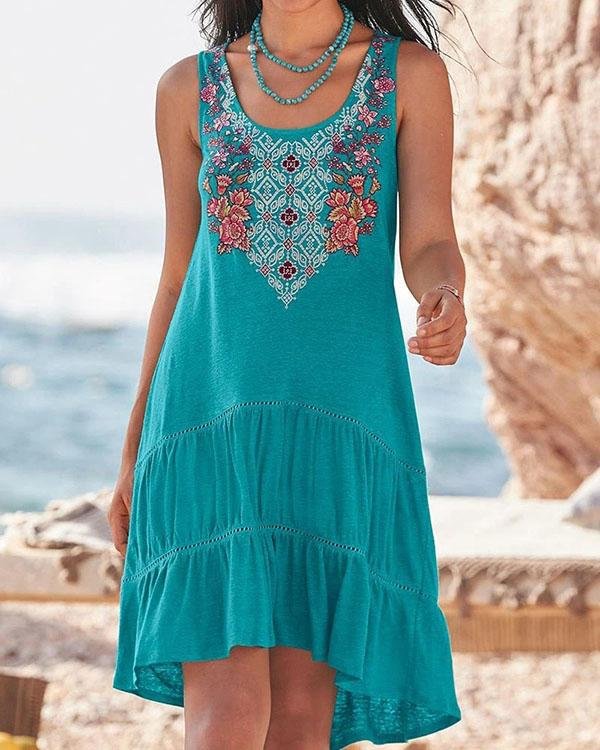 Embroidered Sleeveless Big Swing Vest Dress - Chicaggo