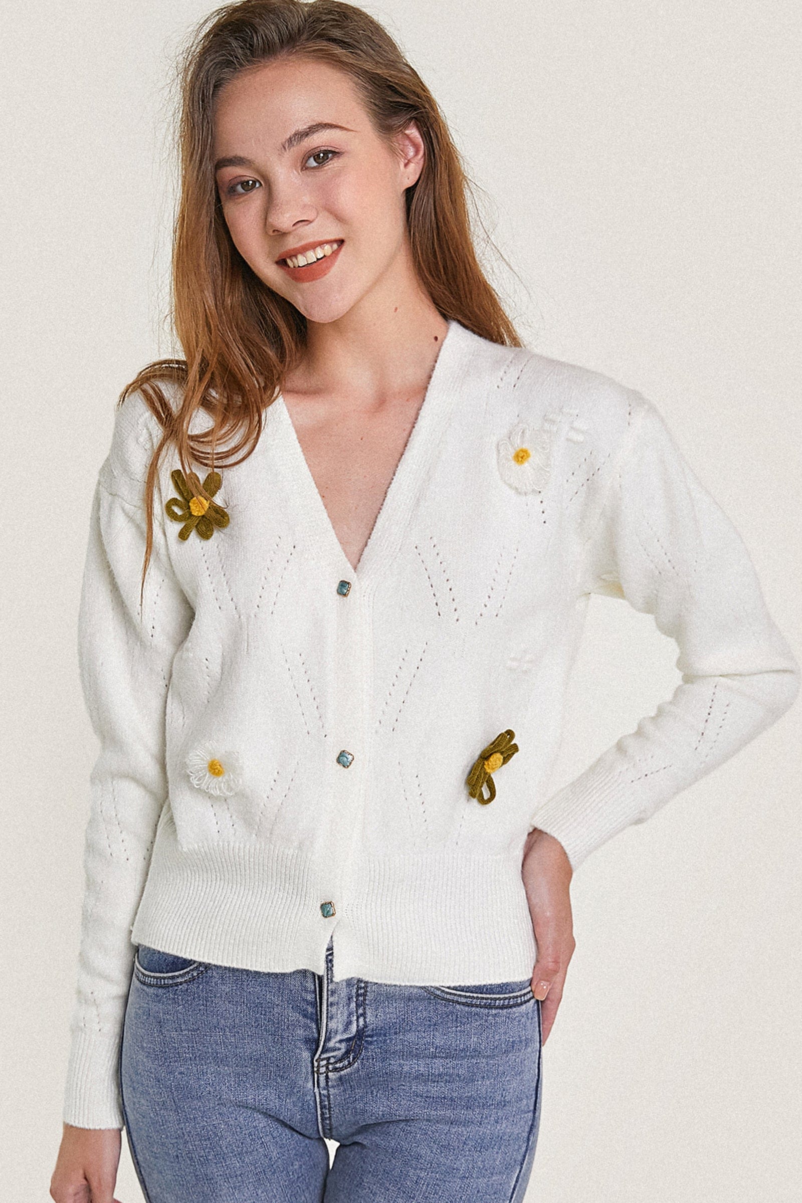 White 3D Stitch Flower Button-Up Comfy Knit Cardigan | J.ING Women's  Cardigans