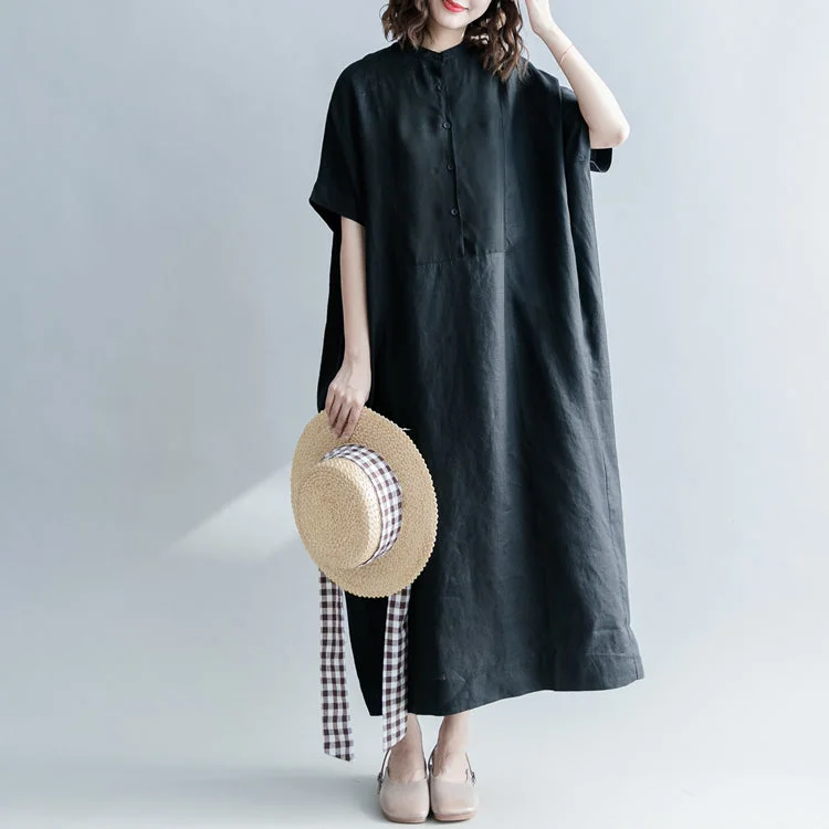 Fine black silk linen dresses oversize Stand baggy dresses caftans casual short sleeve patchwork gown
