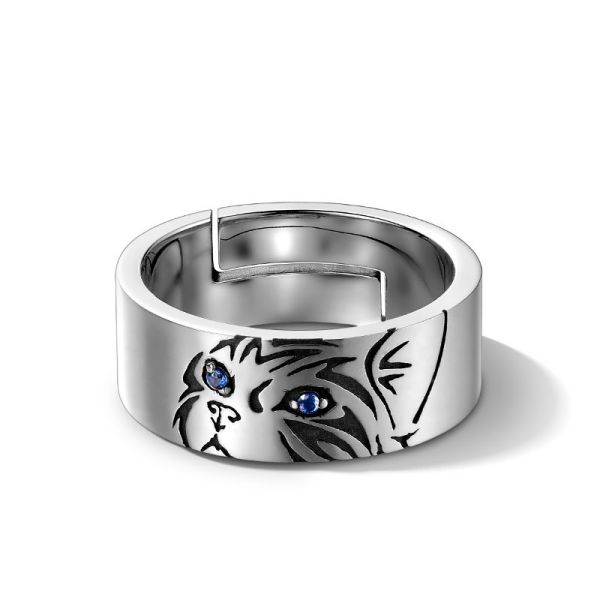 Adorable Big Blue Eyes Sad Cat Kitten Ring – Adjustable, Silver Plated, 14k