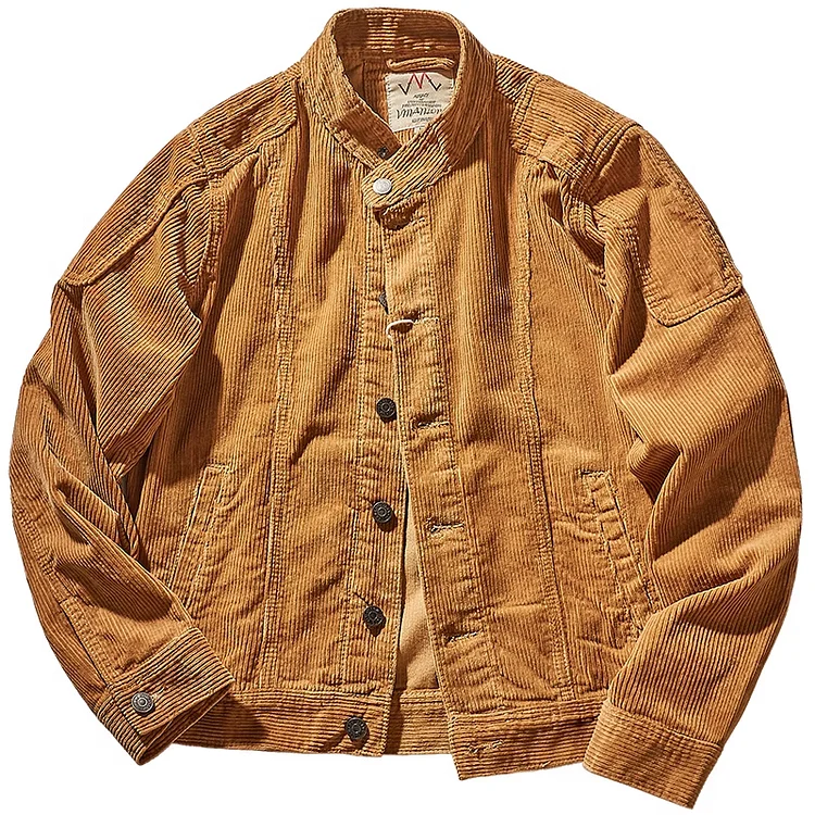 TIMSMEN Vintage Washed Stand Collar Corduroy Distressed Motorcycle Short Jacket