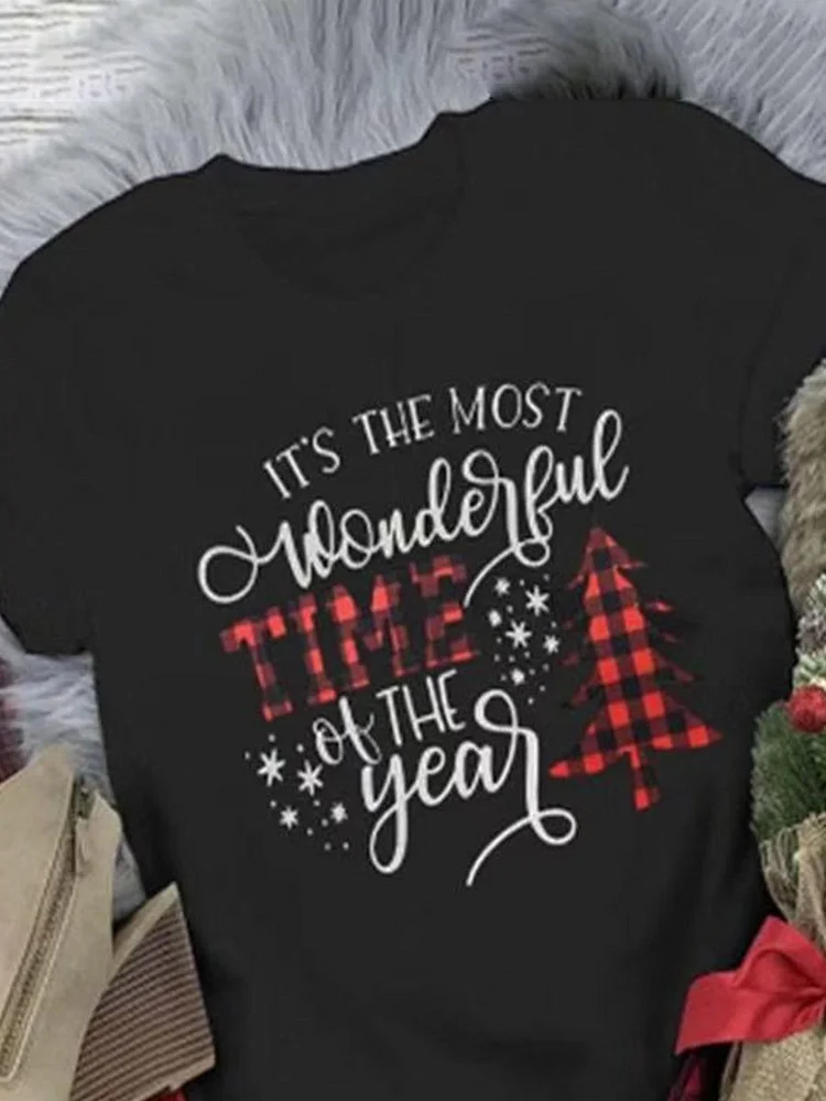Bestdealfriday Most Wonderful Time Plaid Christmas Tree Print Crew Neck Short Sleeve T-Shirt 9741587