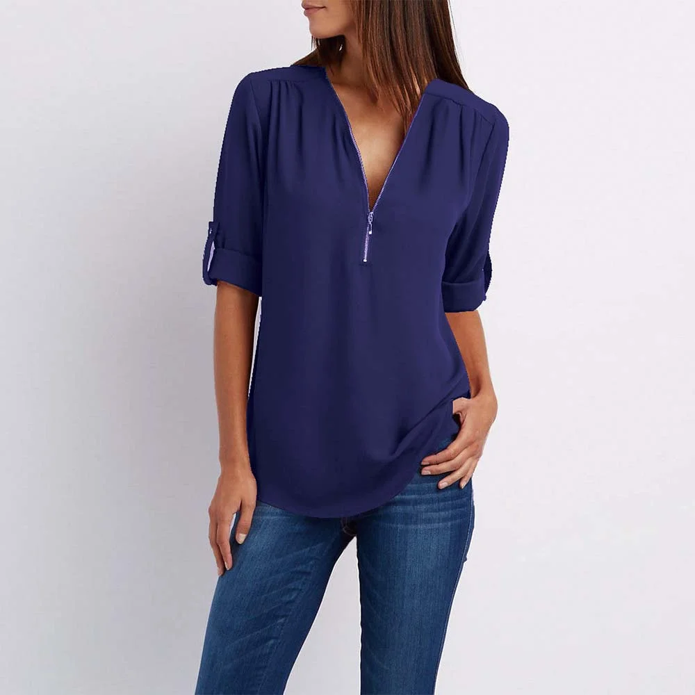 Camicia In Chiffon Con Cerniera Con Scollo A V Moda Estiva Da Donna