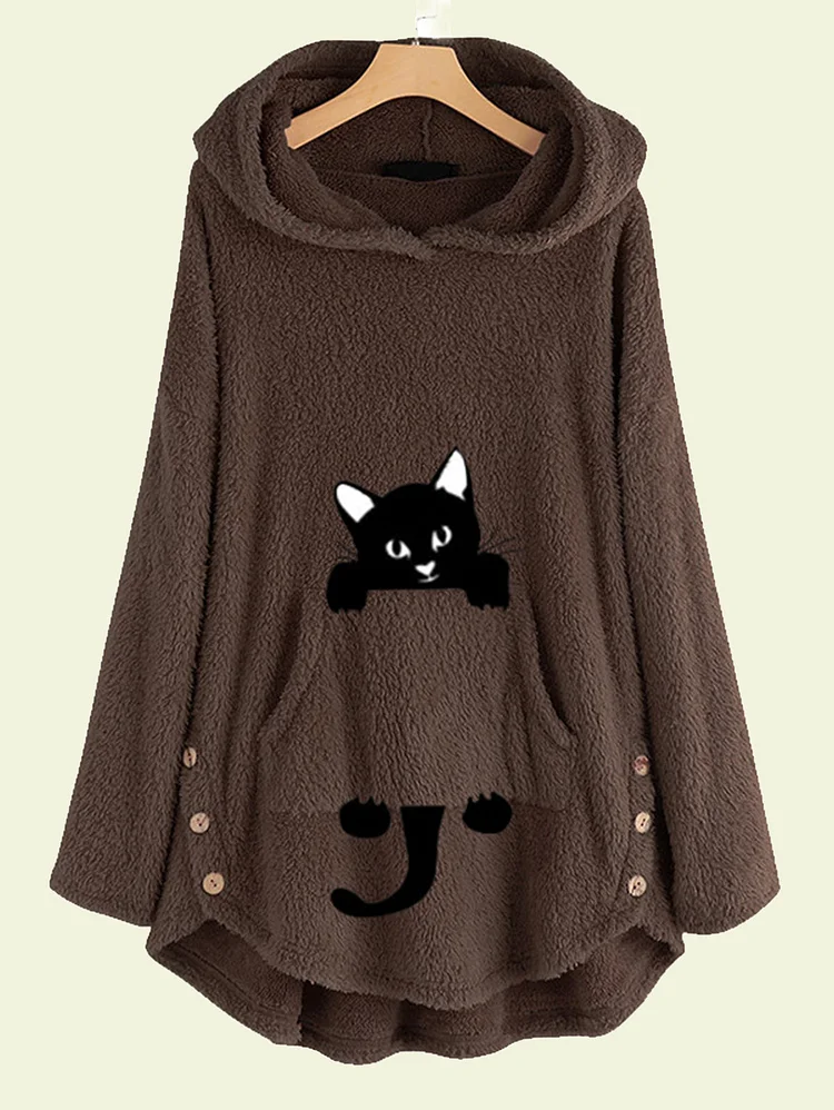 Casual Cat Print Fleece Hoodie