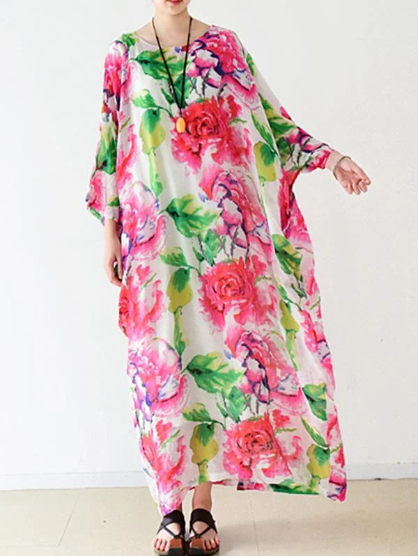 Ethnic Style Floral A-Line Roomy Seven-Quarter Sleeve Long Dress