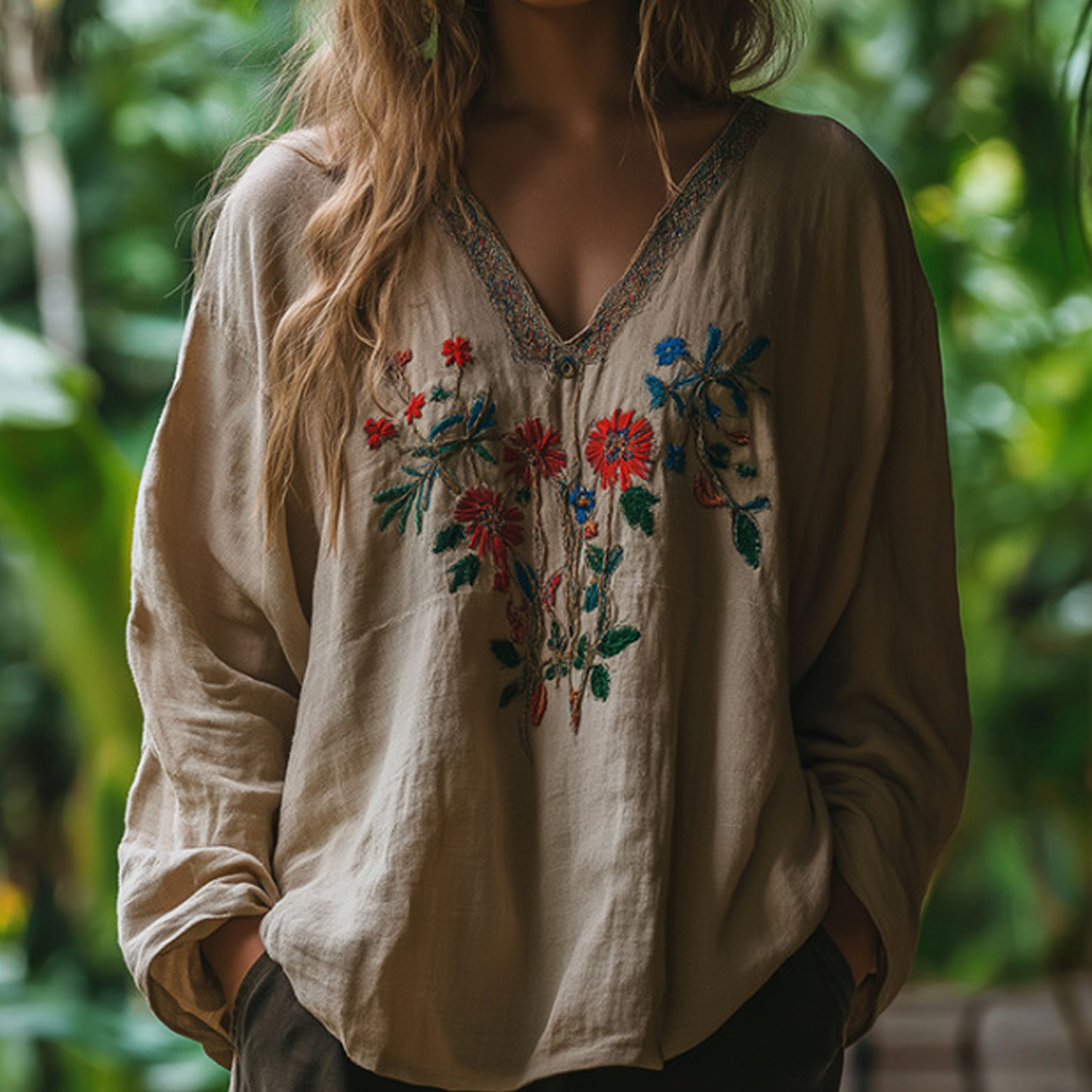 Linen Embroidered Bohemian Tunic Top With Floral Design For Women - Helixace