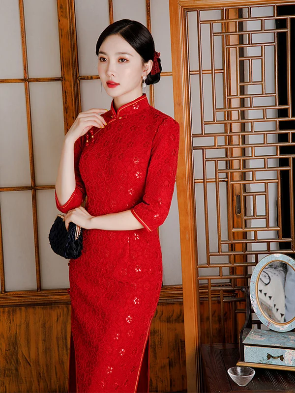 Vintage Lace Slash Standing Collar Cheongsam Maxi Dress