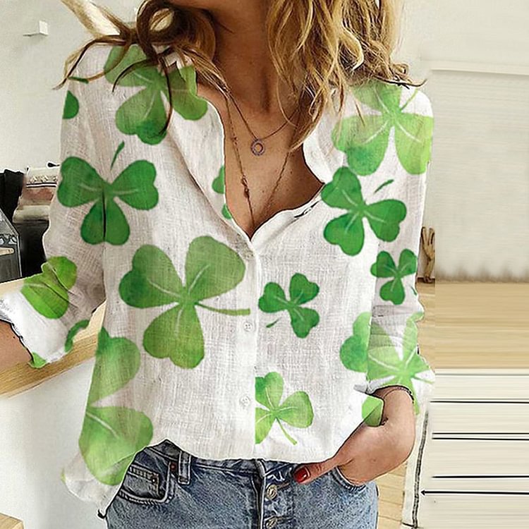 Comstylish Lucky Clover Print Lapel Long Sleeve Shirt