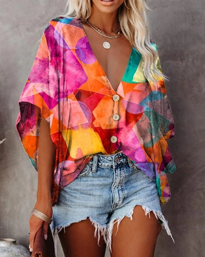 Floral Print Short Sleeve Loose Button-up Blosue P11914