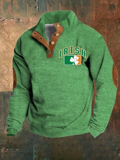 Men's Retro Irish Letter Clover Print Button Stand Collar Sweatshirt