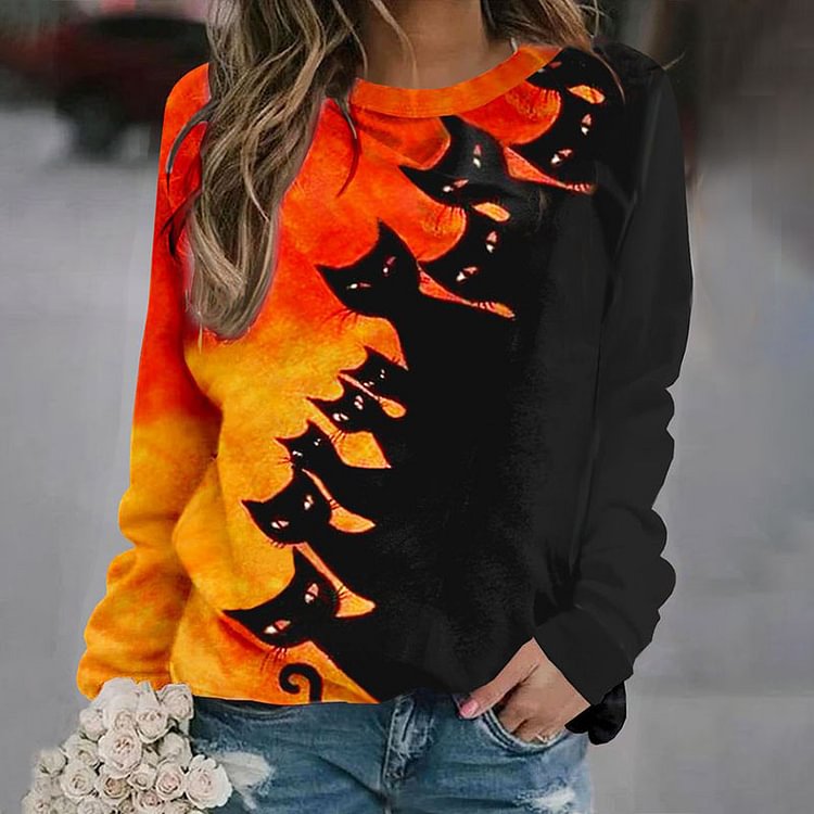 Vefave Halloween Contrast Cat Print Crew Neck Sweatshirt