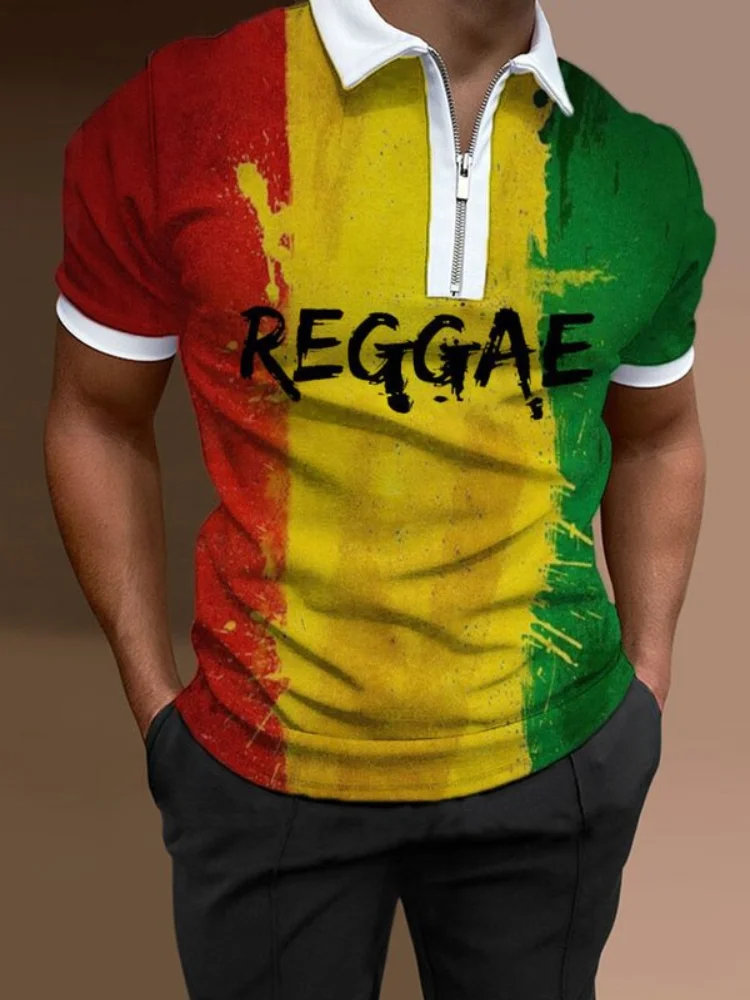 Men's Contrast Color Reggae Print Casual Polo Shirt