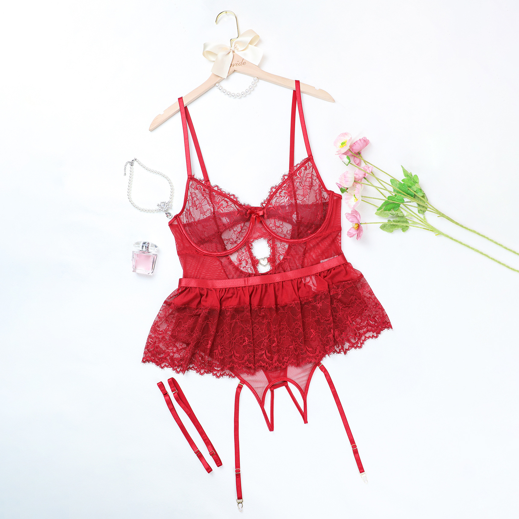 Lovingerie - Plus - Size Lace Trimmed Bra with Steel Boning and Garter Belt Sexually Arousing Lingerie Set