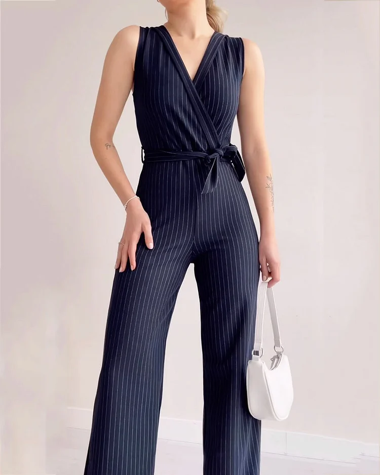 Fashion V-neck Striped Jumpsuit