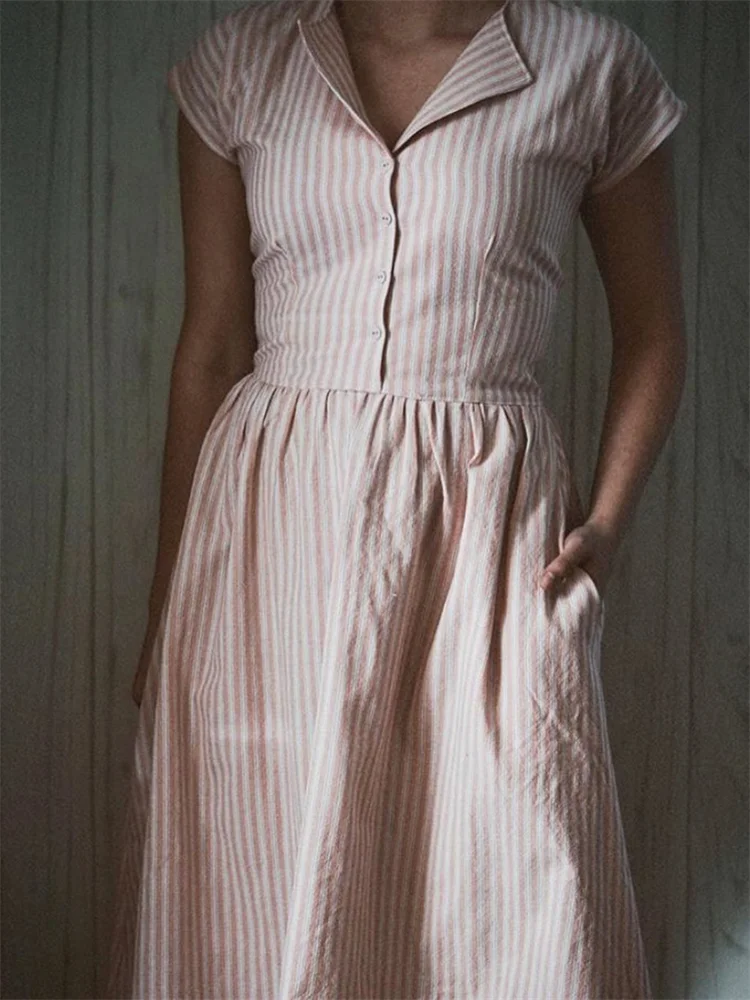 50s Retro Striped Pleated Midi Dress