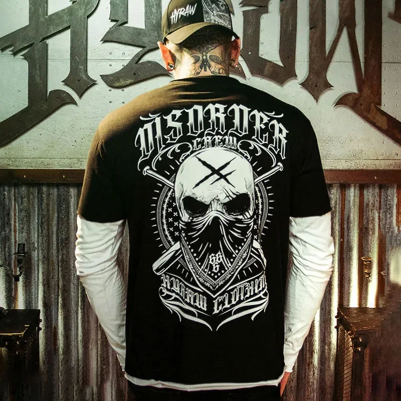 DISORDER Skull Motor Handles Graphic Causal Black Print T-shirt