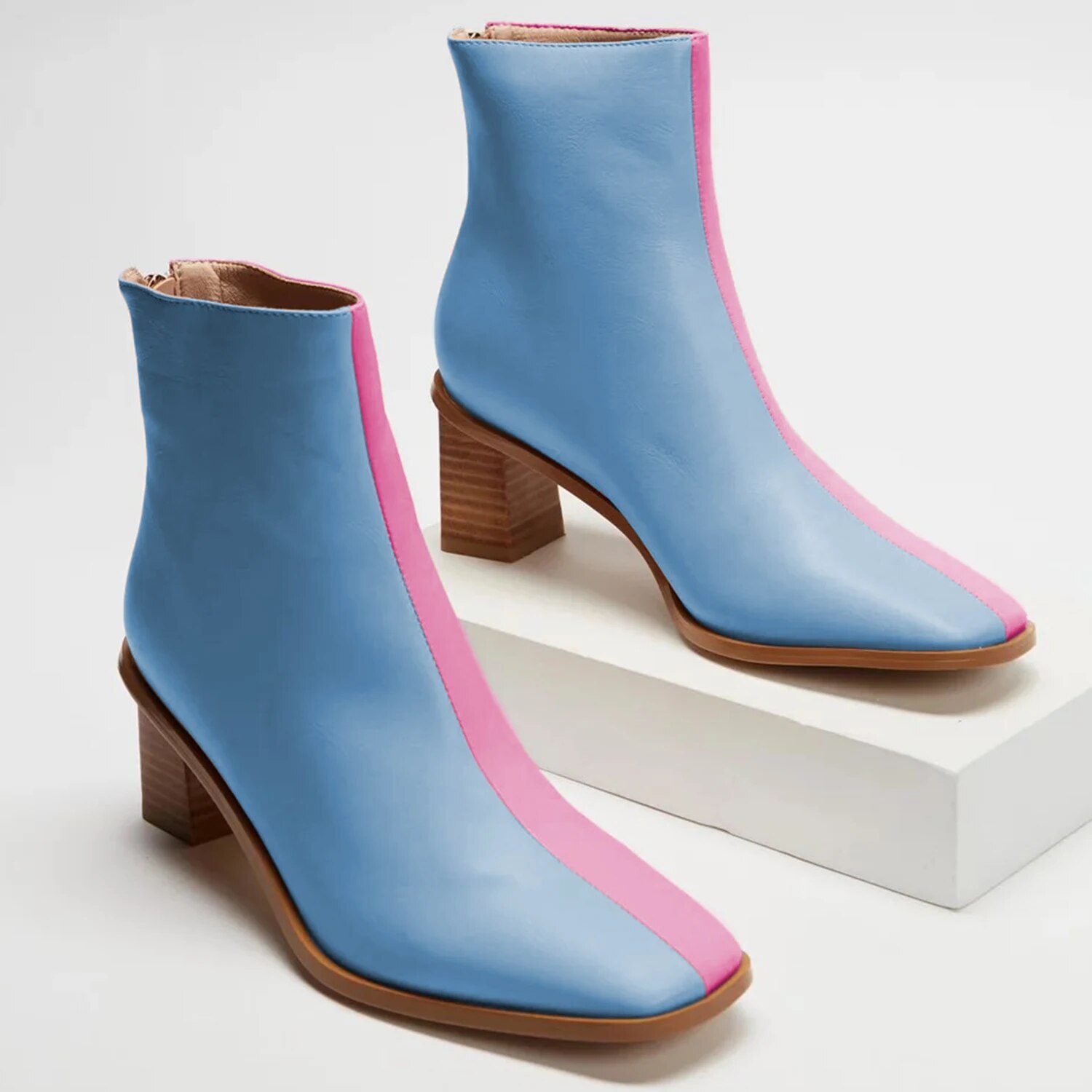 TAAFO Blue Pink Mixed Color High Chunky Heels Women Ankle Boots Square Toe Ladies Office Back Zipper Shoes Large Size 9 16