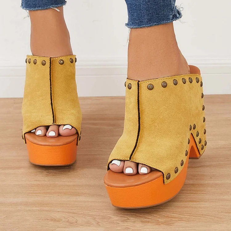Yellow Vegan Suede Platform Mules Vintage Studded Heeled Clogs |FSJ Shoes