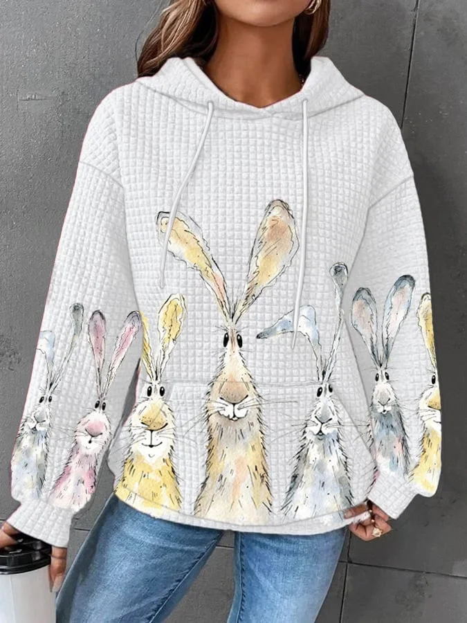 Women'S Watercolor Bunny Print Hoodie Long Sleeve Sweatshirt