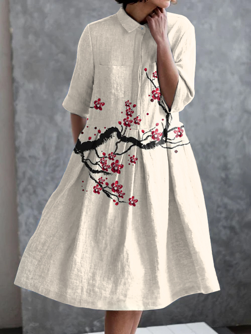 Japanese Plum Blossom Art Print Casual Pocket Short Sleeve Dress