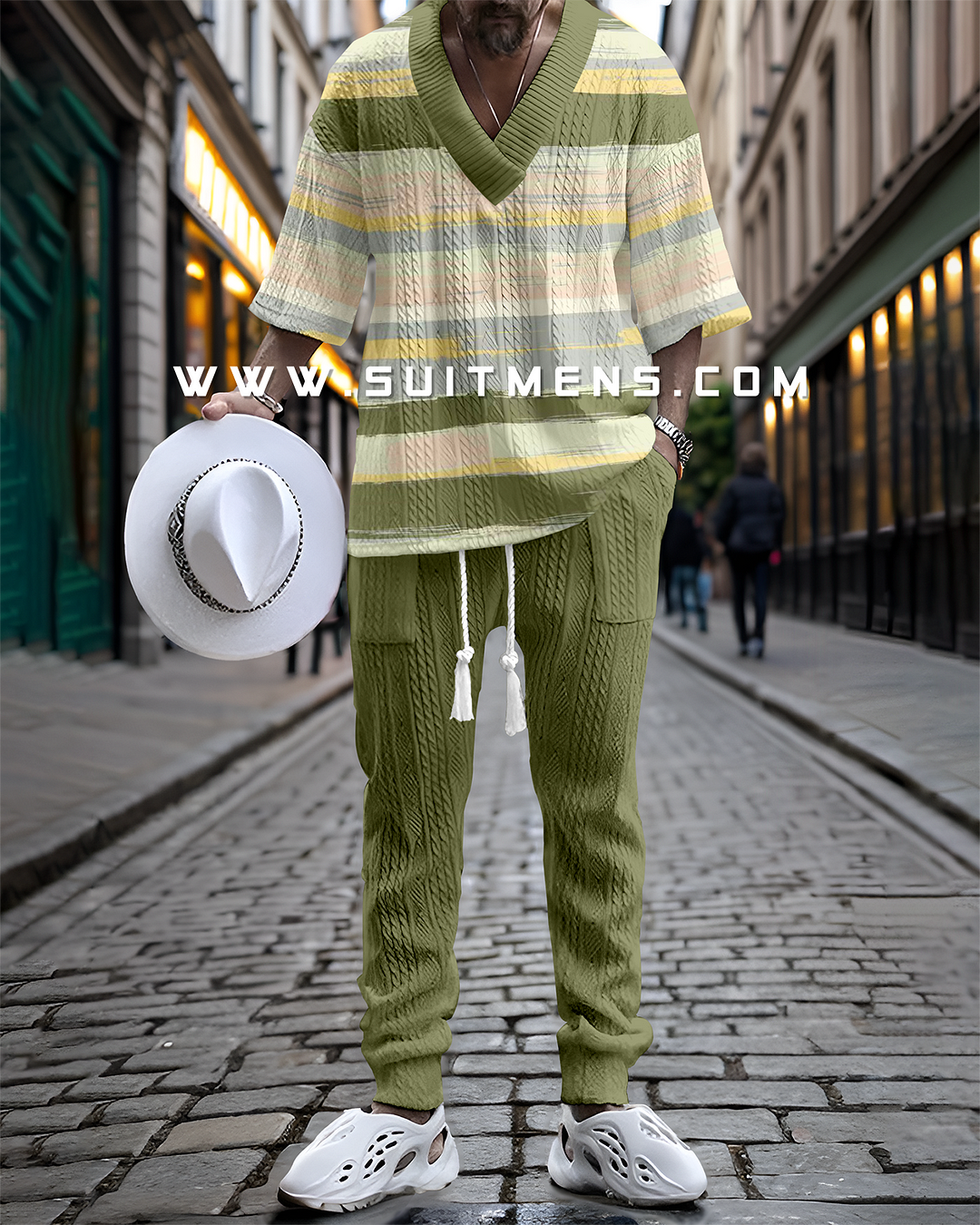 Men's V-Neck Luxurious Colorblock Textured Print Trouser Set 012
