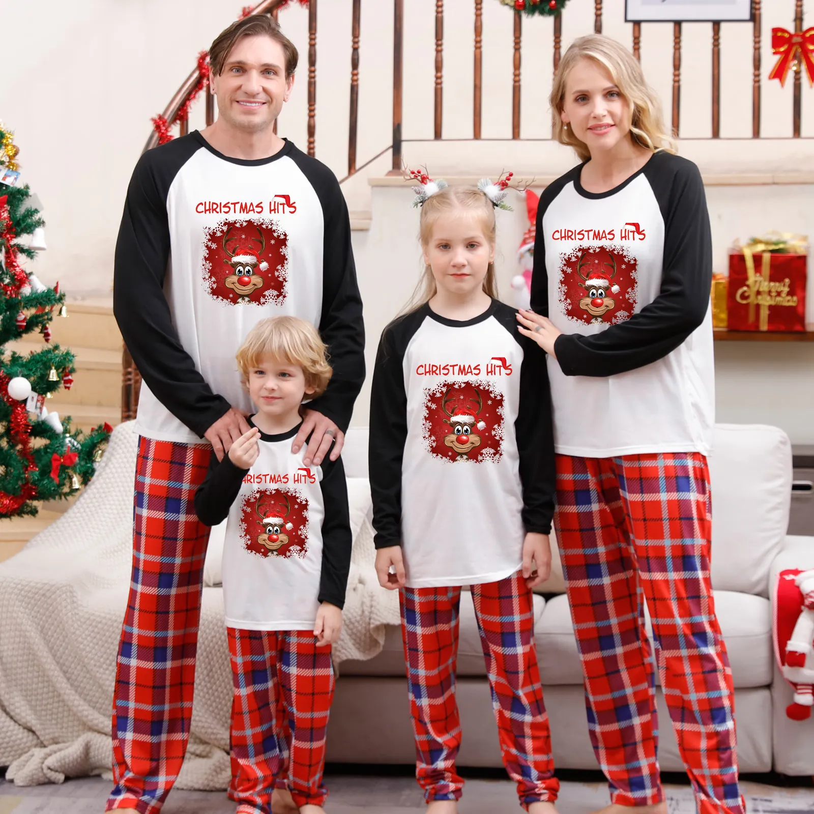 Christmas Hit Elk Cartoon Print Red Black Plaid Family Matching Pajamas ...