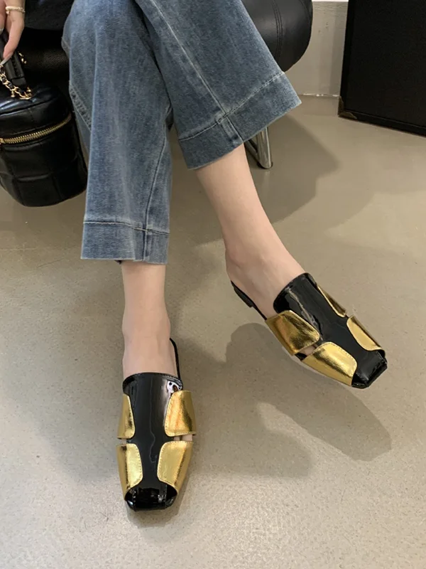 Contrast Color Hollow Split-Joint Square-Toe Slippers&Mules Sandals