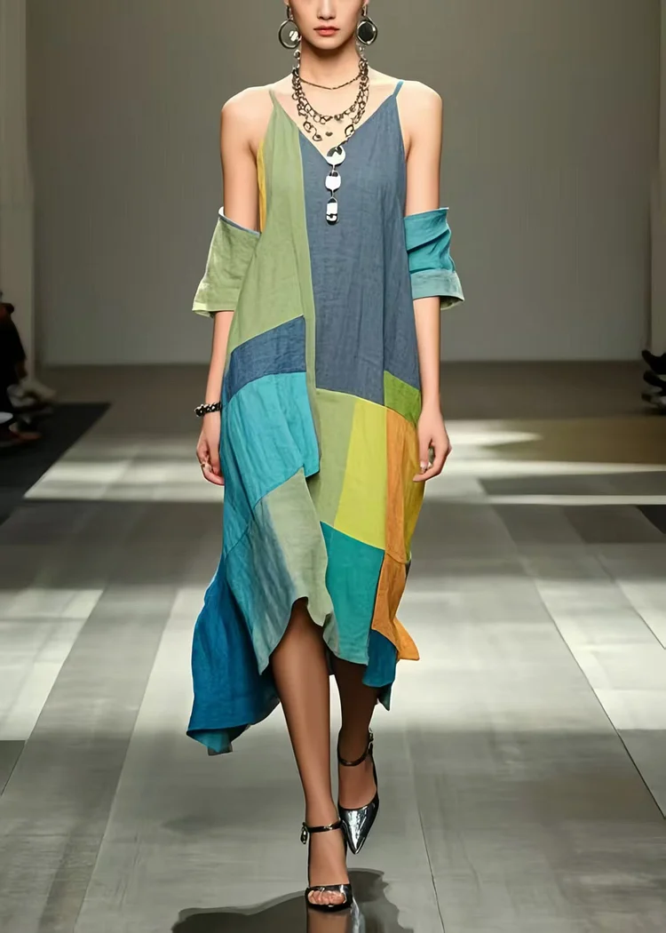 Art Colorblock Asymmetrical Patchwork Applique Cotton Cold Shoulder Dress Summer