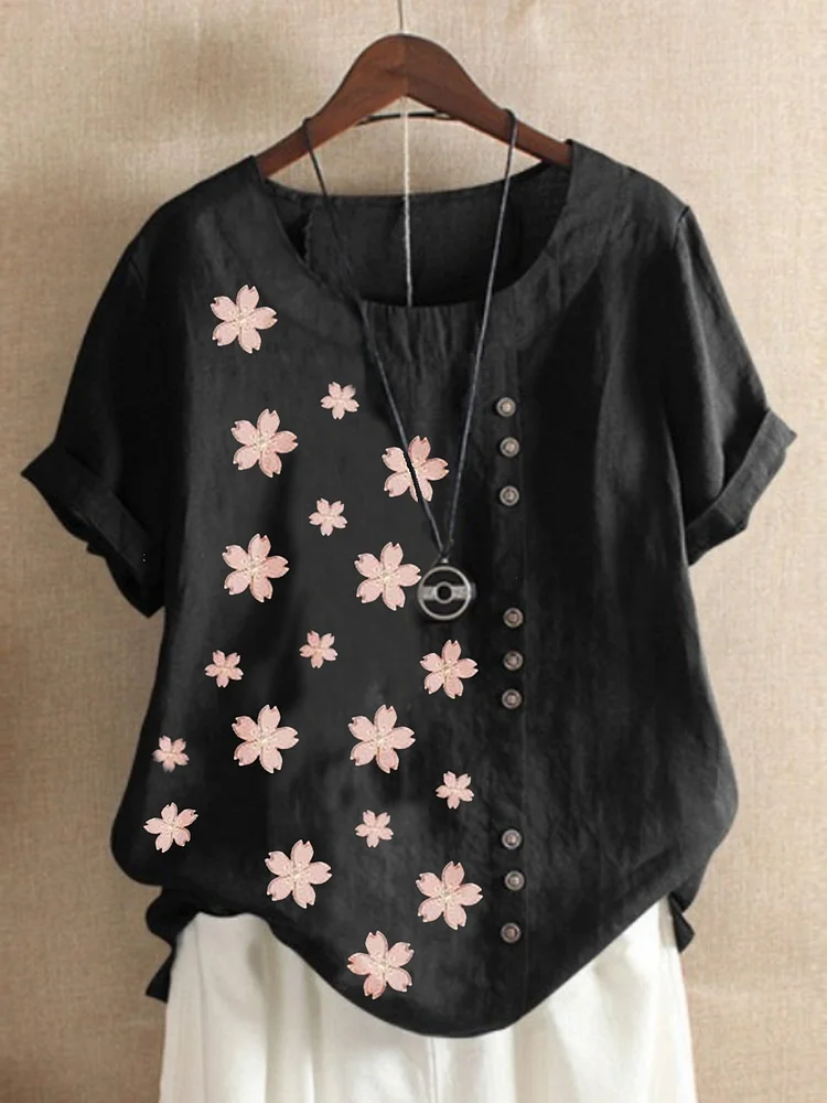 Bestdealfriday Plus Size Short Sleeve Floral Cotton Blend Shirts Tops 9365926