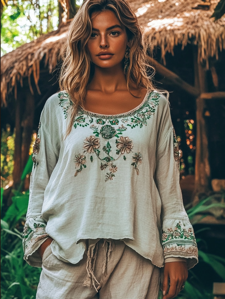 Vintage Ethnic Art Print Patchwork Cotton And Linen Shirt main image 1