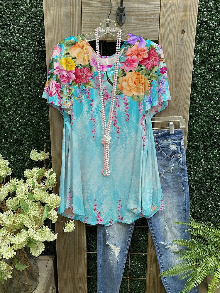 Blue Ladies Floral Print Casual T-Shirt-Mayoulove
