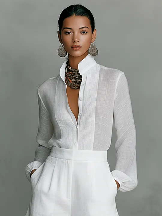 Women's Minimalist Linen-Blend Stand-Collar Single-Breasted Long-Sleeve Shirt And Shorts Set